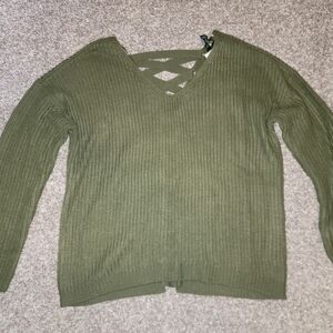 Rue21 Olive Green V-Neck Knit Sweater with Lattice Back